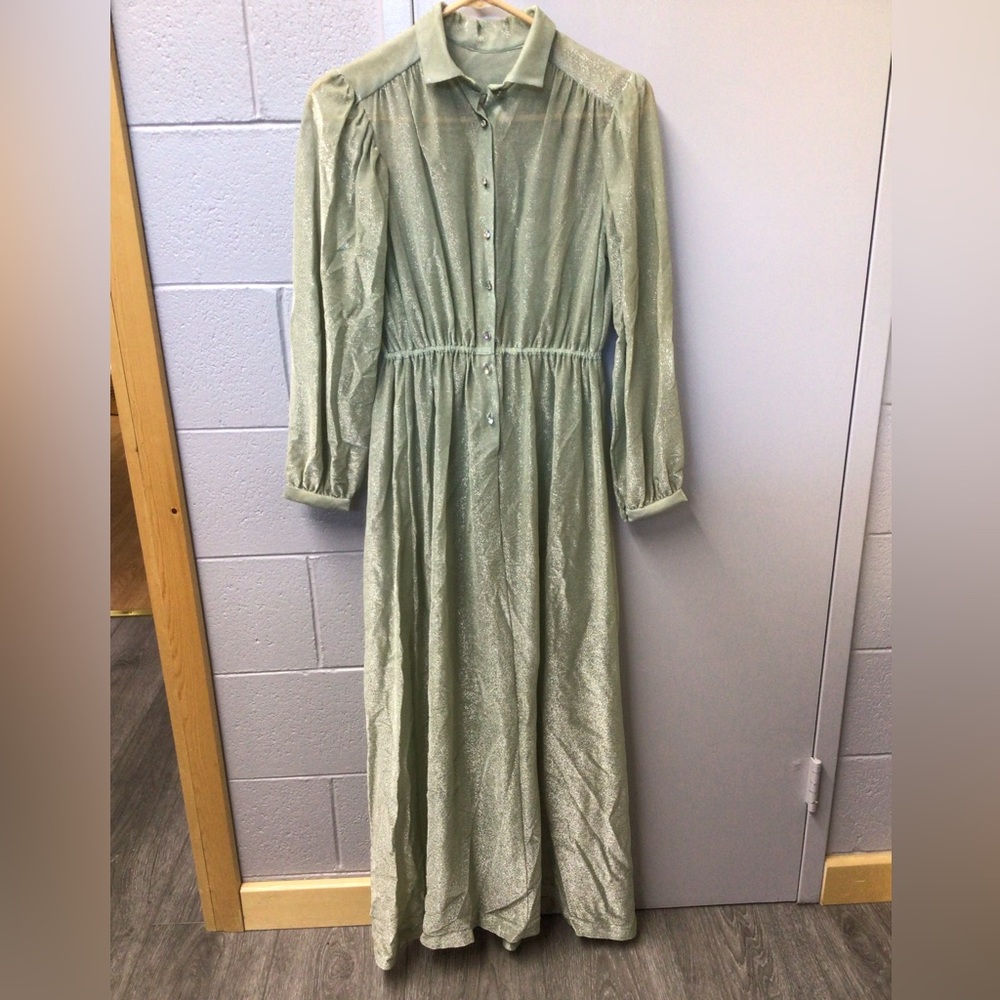 Vintage green sparkly midi with long sleeves.